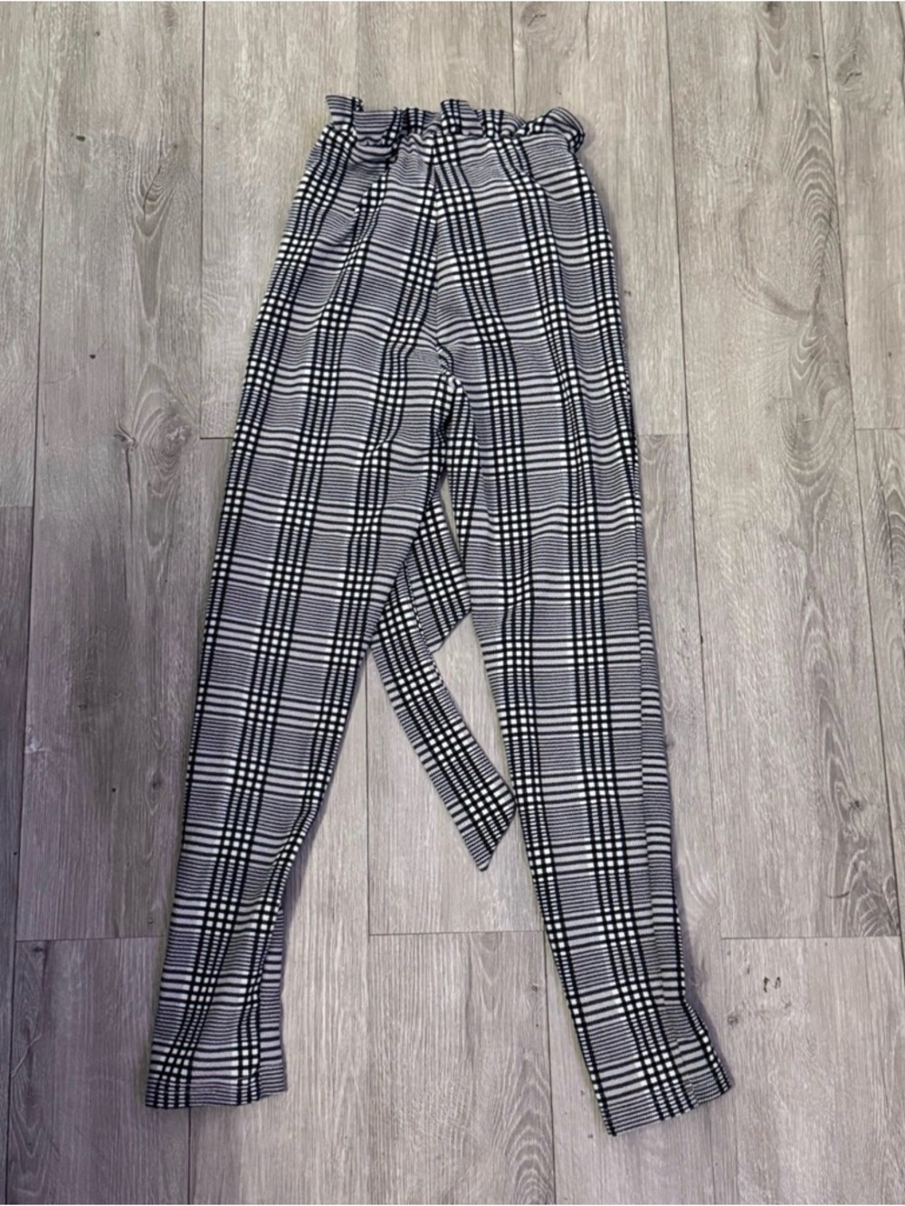 Black White Plaid Paperbag Pants Tie Waist Tapered Career Petite XXS - Picture 5 of 5